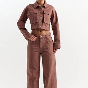 Naked Wardrobe Crop Button Up Denim Jacket & Jeans Set Brown Women's Small 25"